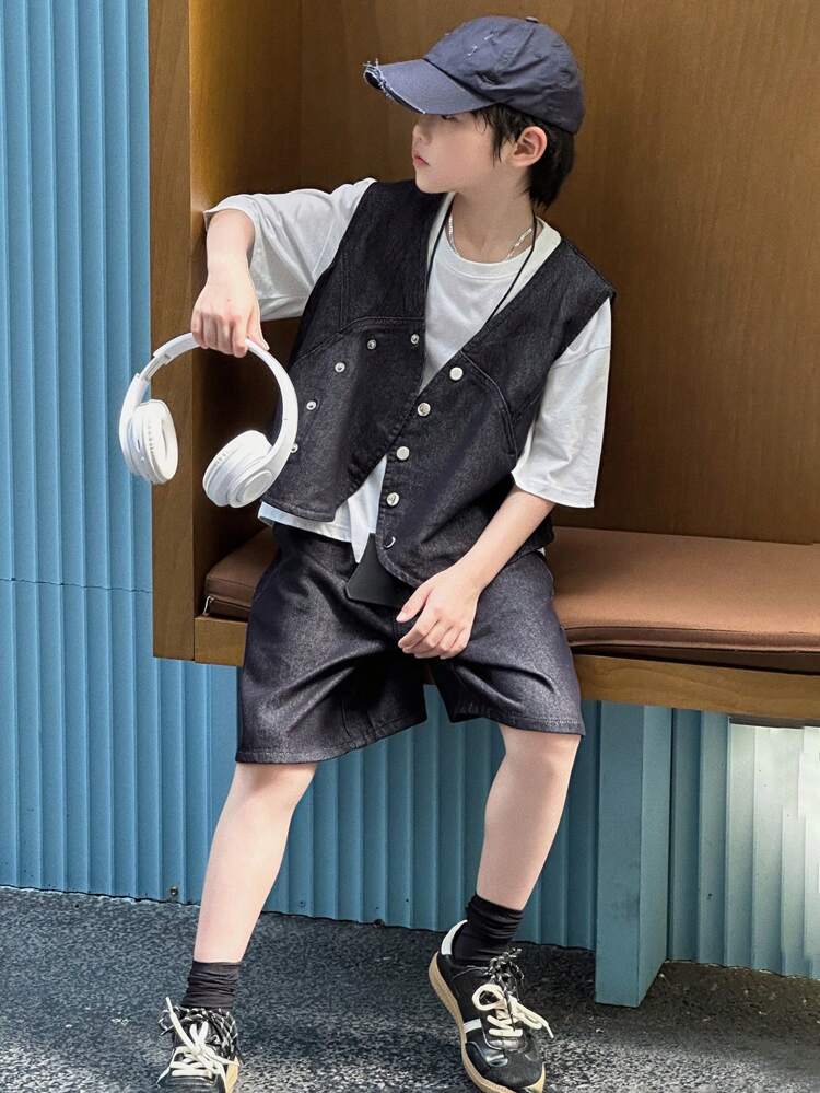 Tween Boy Casual Washed Denim Top + Denim Shorts Set, Summer