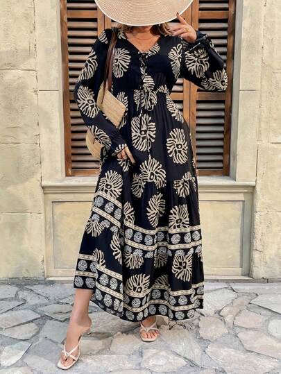 Breezaya Kwiatowe przelotki z oczkami, sznurowane, falbaniaste obszycie, sukienka Maxi, wakacje, plaża, stroje damskie