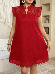 SHEIN LUNE 白色春夏花卉3D蕾丝圆领盖袖优雅浪漫女士连衣裙 - 紅色 - 查看 1