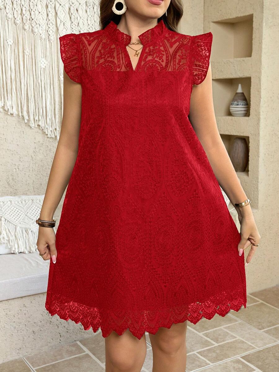 SHEIN LUNE 白色春夏花卉3D蕾丝圆领盖袖优雅浪漫女士连衣裙 - 紅色 - 查看 1