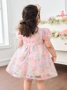 SHEIN Baby Girl Pink Floral Princess Dress,Summer Cute Birthday Exquisite Three-Dimensional Print Mesh Puff Sleeve Elegant Dress,Skin-Friendly Fabric - Multicolor - View 6