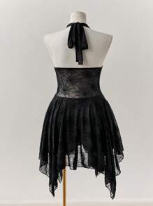 Sunspun 朋克风格项链 V 领性感植绒网眼透视不对称下摆连体裤 - 黑色 - 查看 2