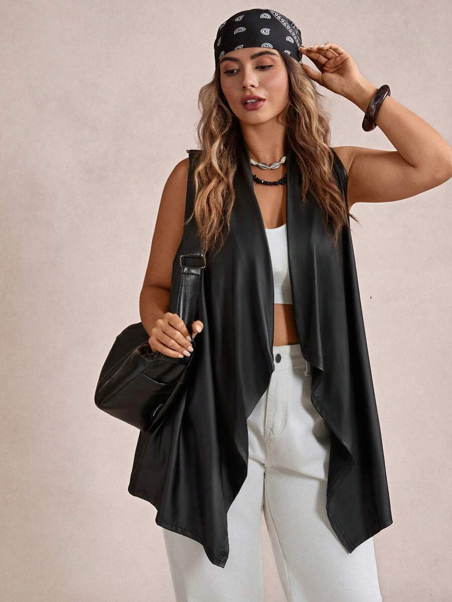 Freevana 大碼大翻領PU皮革外套馬甲 - 黑色 - 查看 1