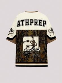 Vintage Sports Style Numeric 47 & Camo Print Casual Oversized Knit T-Shirt, Teen Girls Summer Cool Wear Collection, Bikercore