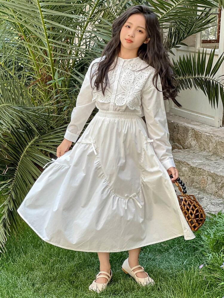 Girls Oversized Lace Patchwork Turndown Collar Long Sleeve Blouse, Summer