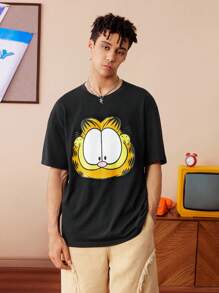 GARFIELD | SHEIN Áo thun nam họa tiết mèo hoạt hình dáng rộng rãi phong cách Mỹ màu đen, trở lại trường - màu đen - Xem 5