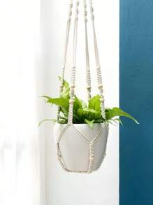 1 pieza Cesta colgante decorada con cuentas - Macramé de estilo bohemio para colgar plantas, canasta de pared hecha a mano con cuentas, organizador de almacenamiento decorativo para hogar, cocina, baño, oficina, estilo costero, decoración colgante minimalista, jardín, decoración del hogar
