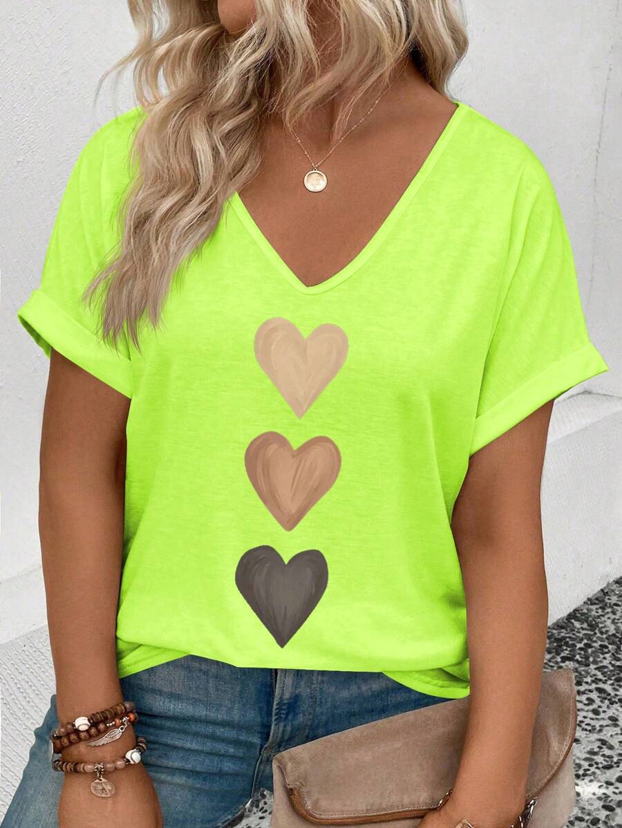 SHEIN Camiseta de mujer con cuello en V, mangas con volantes y estampado de corazón degradado, casual y versátil para primavera/verano