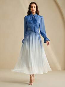 Anewsta 优雅圆领系带袖收腰渐变色雪纺印花女式连衣裙