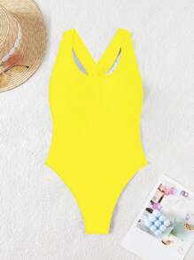 Swim SXY Đồ bơi một mảnh hở lưng gợi cảm màu trơn không tay hở lưng xoắn nhún bèo cho nữ đi biển, mùa xuân/hè - Màu vàng - Xem 6