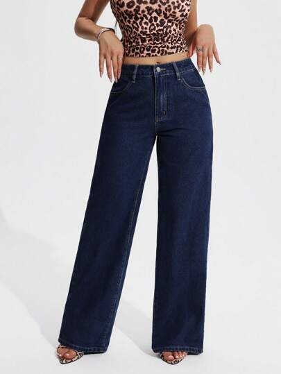SHEIN PETITE Jeans de mezclilla rectos de moda casual y versátiles con botones'