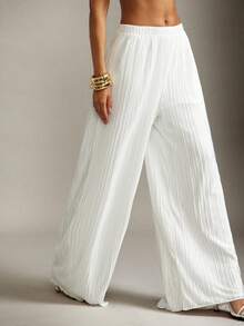 Hauture Old Money Sexy Business Casual Satin Pleated Wide Leg Ivory Pants For Women – Elegant High Waist Palazzo Trousers, Chic Office Lady Statement, Professional Workwear & Stylish Basic Minimalist Bottoms