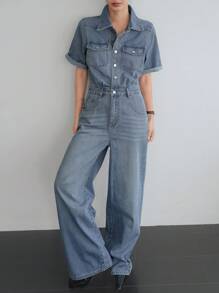 Dazy-Less Bộ đồ liền thân denim công sở rộng rãi, thoải mái, giặt sạch, có túi lớn, phù hợp cho mùa xuân, hè, thu, quần áo trở lại trường - Rửa trung bình - Xem 4