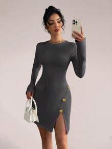 Glamine 女士时尚纽扣装饰开衩长袖连衣裙 - 灰色 - 查看 6
