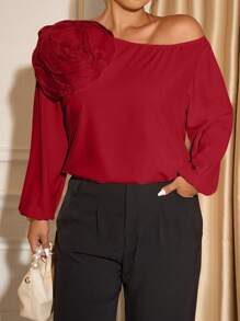 Allurite Women's Elegant Simple Off-Shoulder Long Sleeve 3D Floral Pattern Apricot Blouse, Summer One Shoulder Blouse Burgundy Blouse Red Off Shoulder Top Rose Top Wine Red Top