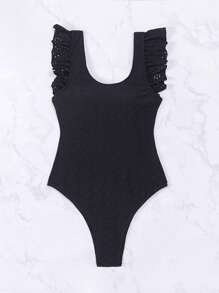 Swim Mod 1pc Women's Solid Color Round Neck Ruffled Back One-Piece Swimsuit For Summer Beach Vacation - Black - View 3