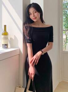 DAZY 女式露肩褶饰紧身中长连衣裙 - 黑色 - 查看 7