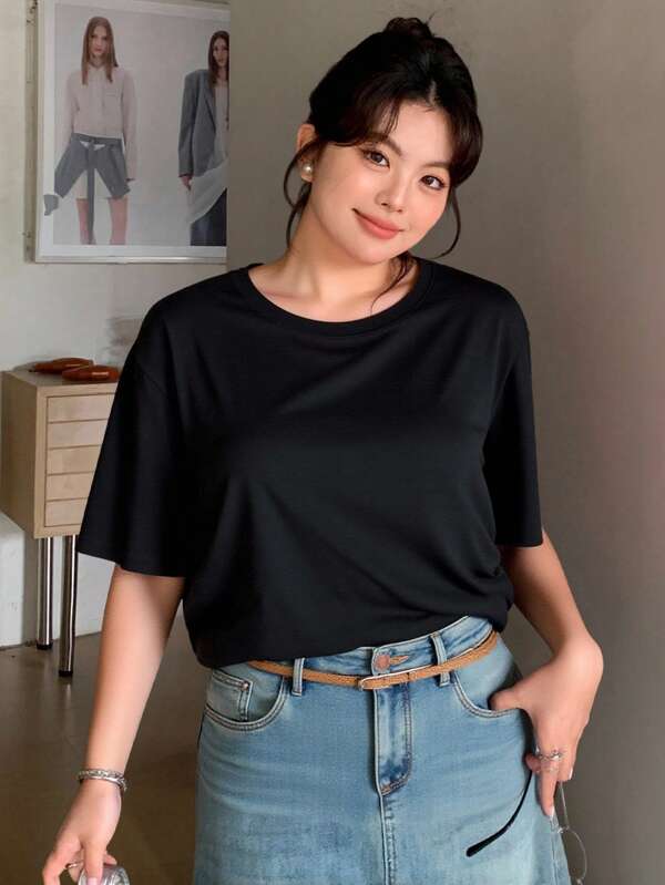 Dazy Plus Contrast Color Block Striped Round Neck Loose Short Sleeve Pink T-Shirt, Spring/Summer