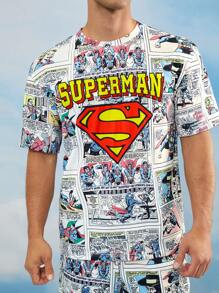 SUPERMAN X SHEIN 男士字母印花圆领短袖T恤，夏季 - 彩色 - 查看 1