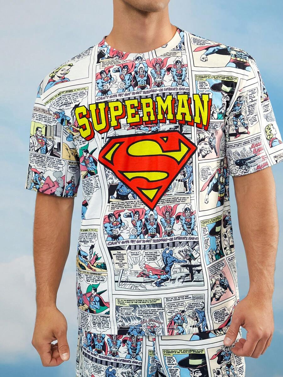SUPERMAN X SHEIN 男士字母印花圆领短袖T恤，夏季 - 彩色 - 查看 1