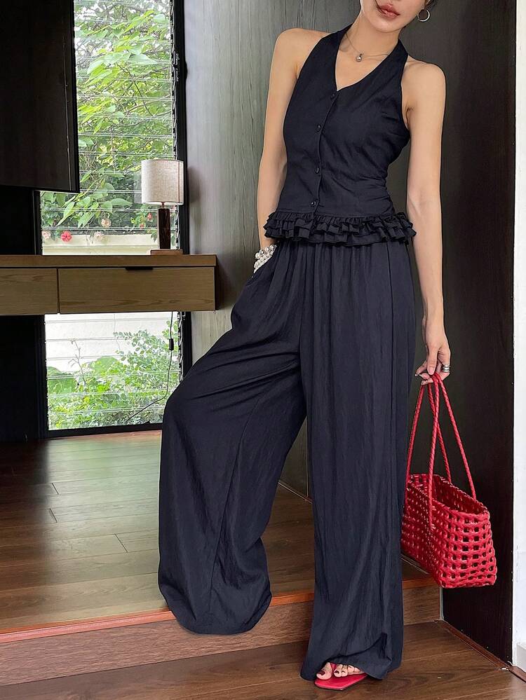 Women V-Neck Sleeveless Ruffle Trim Vest And Loose Casual Wide Leg Pants 2pcs Set, Summer City Casual