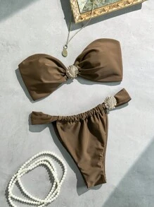 SHEIN Swim Springbreak 女士纯色抹胸贝壳装饰丁字裤比基尼套装，适合海滩度假 - 棕色 - 查看 1