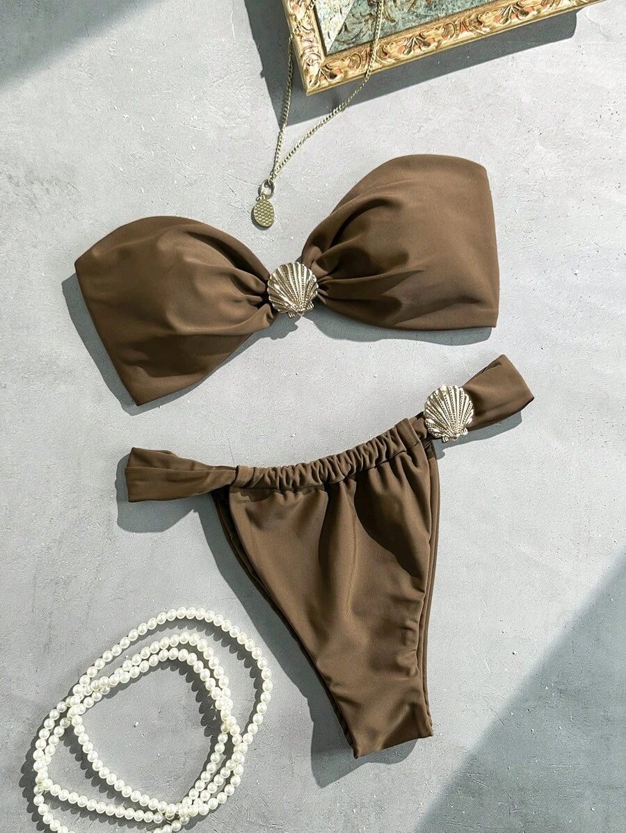 SHEIN Swim Springbreak 女士纯色抹胸贝壳装饰丁字裤比基尼套装,适合海滩度假 - 棕色 - 查看 1