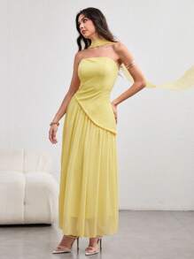 Modelyn Women's Long Asymmetrical Flounced Halter Dress, Elegant Charm, Light Yellow, For Spring And Summer Yellow Wedding Guest Dress Strapless Yellow Dress - Light Yellow - View 3
