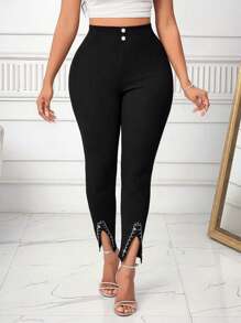 SHEIN Lady Modische elegante Leggings mit Strass-Dekor und Schlitz-Saum