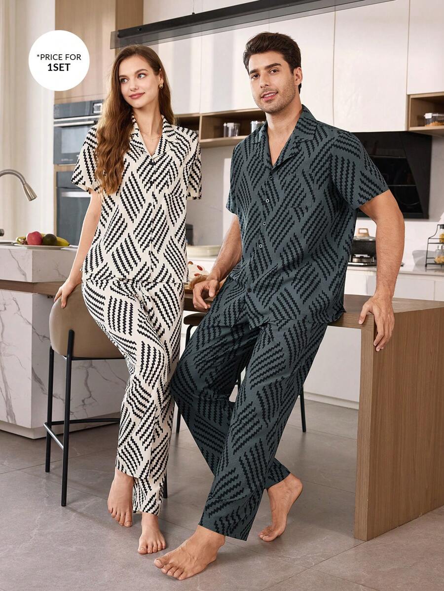 Manfinity Wave Striped Print Turndown Collar Short Sleeve Pants Set Men Loungewear - Grey - View 1