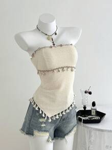 Elamini Top sin mangas con estilo de poncho y bajo con flecos en contraste, para primavera/verano