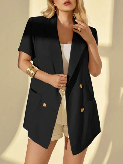 Auralis 大码女式夏季老款商务休闲女士时尚办公室外出西装外套，休闲通勤优雅杏色亚麻舒适纯色破洞领短袖休闲西装外套，秋季