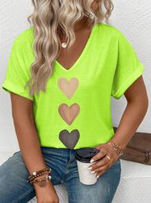 SHEIN Camiseta de mujer con cuello en V, mangas con volantes y estampado de corazón degradado, casual y versátil para primavera/verano