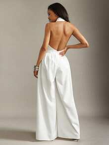 Hauture Elegant White Summer Formal Jumpsuit For Women,Old Money Business Casual Cross Front Halter Wide Leg Romper,Chic Minimalist Evening Office Outfit - White - View 2