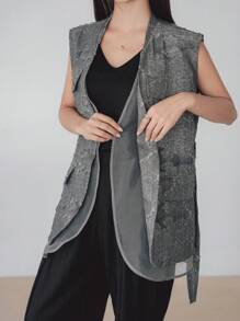 Dazy-Less 网眼拼接背心，腰带设计，宽松商务休闲风，适合办公室通勤；女士V领钩编流苏休闲外套，适合春夏秋季穿着。 - 灰色 - 查看 5