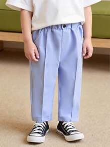 SHEIN Quần dài lưng thun mềm mại dệt trơn màu cho bé trai, thích hợp mặc ngoài trời, mùa xuân/hè/thu - Màu xanh nhạt - Xem 1