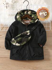 2pcs/Set Young Boys' Casual Cute Daily Warm Black Hoodie Jacket & Camouflage Fuzzy Crossbody Bag, Suitable For School, Hangouts, Fall/Winter