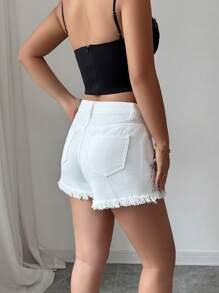 Selianne Short en jean à franges avec design diamant pour femme, été - Blanc - Voir 2