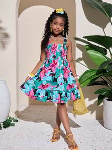 SHEIN 女童热带植物印花交叉蝴蝶结腰部束腰编织连衣裙 - 綠色 - 查看 2