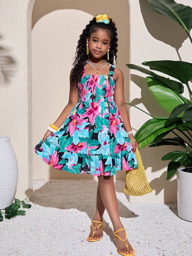 SHEIN 女童热带植物印花交叉蝴蝶结腰部束腰编织连衣裙 - 綠色 - 查看 2
