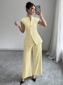 Siren Gaze 2024秋季新款休闲西装背心，不对称金属纽扣装饰，长款马甲外套，阔腿西装裤套装，适合工作和日常穿着 - 黃色 - 查看 5