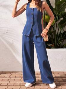SHEIN Teen Girl Spring Summer Casual Street Fashion Plain V-Neck Sleeveless Vest Top And Baggy Straight-Leg Pants Denim Two Pieces Set