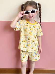 Camiseta de manga corta y cuello redondo de estilo minimalista informal con estampado de abeja y flor para bebé niña, adecuada para el verano