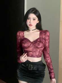 DAZY 扎染甜心领修身长袖上衣情人节、返校服装 - 紅色 - 查看 3