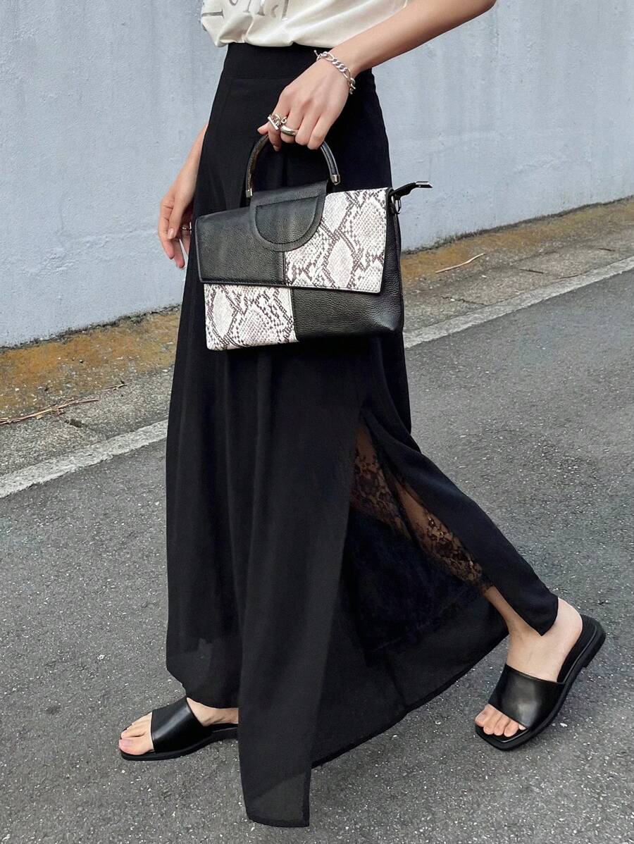 FRIFUL Pantalones anchos de pierna ancha de malla con parche de unicolor para mujer - Negro - Ver 1