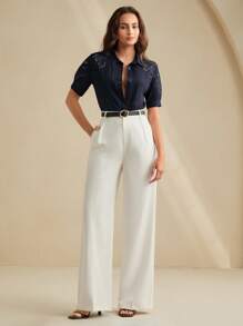 Anewsta 优雅通勤女士亚麻编织镂空刺绣条纹翻领短袖衬衫，春夏