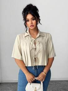 Elenzga 大码女式褶皱蝴蝶结前短款优雅衬衫系带衬衫短款衬衫女士短款衬衫时尚上衣 - 駝色 - 查看 6