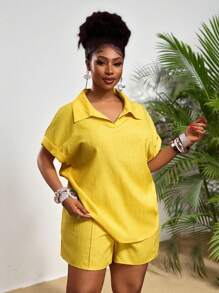 Veslaya Hàng mới về Thu Đông, Quần áo nữ Thu/Halloween/Đông, Cỡ lớn, Trang phục lễ hội âm nhạc/Halloween, Lễ Phục Sinh, Phong cách miền Tây, Phong cách du mục, Tiệc sinh nhật, Lễ tốt nghiệp, Sinh viên, Trang phục hàng ngày, Đồ cơ bản đa năng, Thường ngày, Kỳ nghỉ, Du lịch biển, Bãi biển, Tắm nắng, Thời trang, Bộ quần áo nữ màu vàng gân sọc cổ polo tay ngắn dáng rộng kèm thắt lưng, Bộ đồ mặc nhà cỡ lớn, Trang phục ngày Valentine - Màu vàng - Xem 5