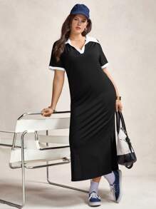 Zelara 加大码女式七月四日 V 领 Polo 衫针织紧身沙滩长裙 女士沙滩装 夏季彩虹裙 女士教师装 女士夏季装 夏季波西米亚风复古连衣裙 - 黑與白 - 查看 7