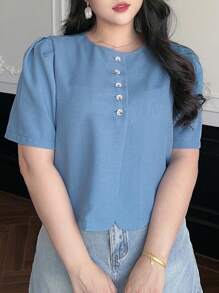 Dazy Plus Plus Size Solid Color Round Neck Short Buttoned Decorative Short Sleeve Shirt, Back To School Clothes - Blue - View 8